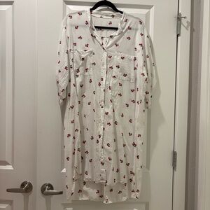 White Shirt Dress with Red Floral Print